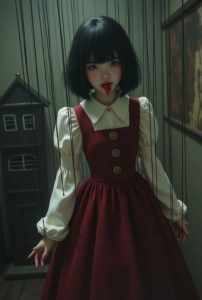 (photorealism:1.2), (book cover, mystery/thriller) beautiful teenage girl, half body image, (her hanging body with lots of strings like a puppet), wearing a decent dark red and white thick gothic Japanese lolita dress with puffed sleeves, not revealing, her short jet black hair, soft face features, indoors, dark lighting, a black dollhouse in background, hanging with strings pose, prim and proper body pose, realistic, intricate details, warm colors, her lips is stitched and torn and bleeding, asian girl, creepy