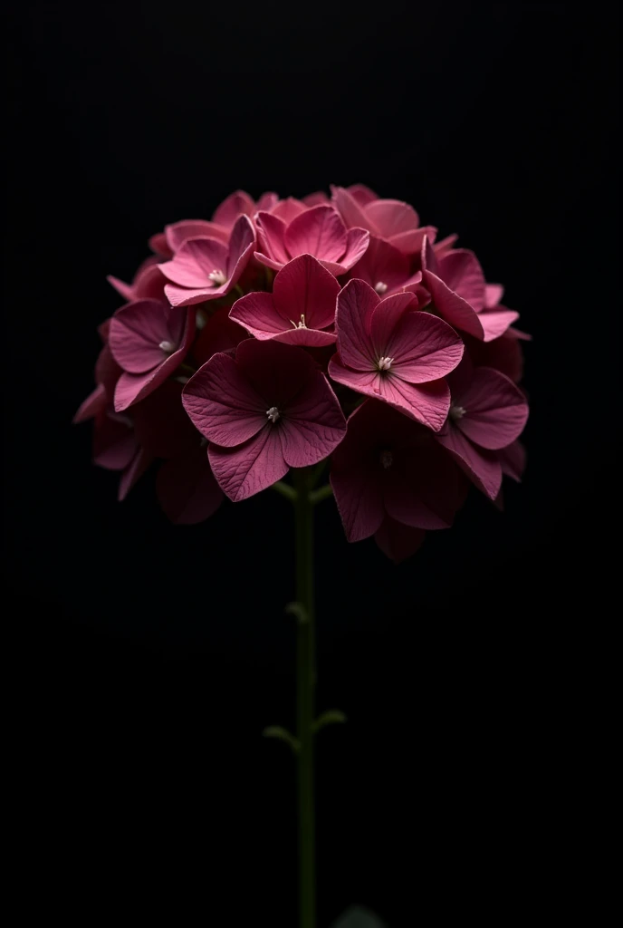 a wine-colored hydrangea flower without green leaves and with a black background, just a flower not a bouquet 