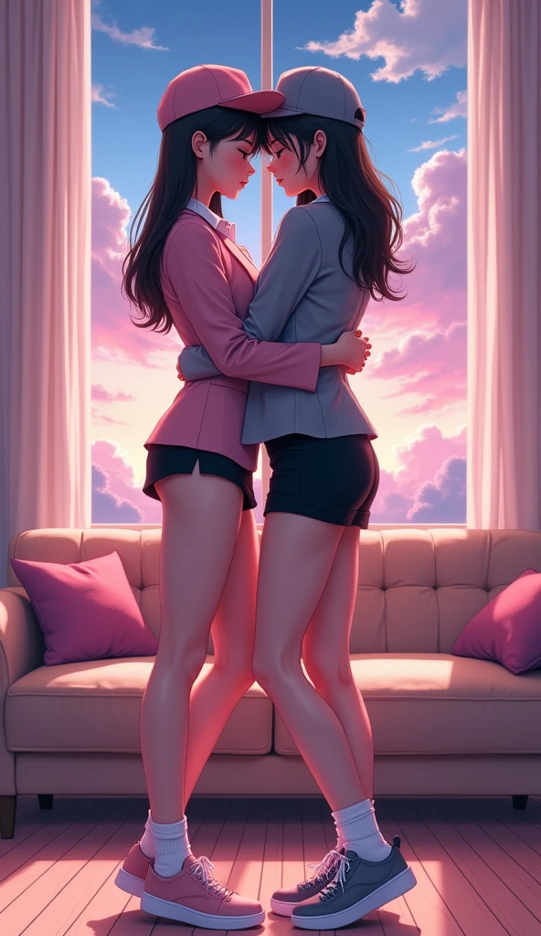Two girls, long black hairs, yuri, lesbian.

The first girl wear a pink suit jacket, white shirt, black pencil skirt, black underpants, black tights, white socks, white sneakers high top.

The second girl wore a grey suit jacket, white shirt, black pencil skirt, black underpants, black tights, white socks, white sneakers high top.

french kiss, lesbian kiss, hugging, sensual body, closed eyes, light blue living room, novel cartoon, 4K, HD