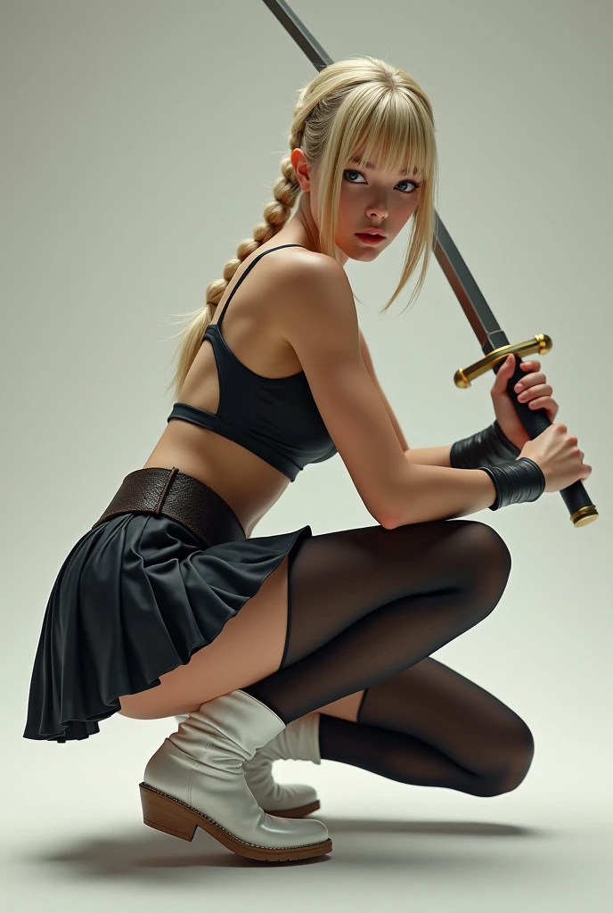 masterpiece, Best Quality, super rendering, super Realistic, High Detail Face, Clean and delicate face, whole body, Crouch and swing a long sword, grip the sword anatomically correctly, Single Braided blonde pony tail, parted bangs, forehead, wearing a camisole and pleated mini skirt, bare ass, open legs, Sleeveless, black pantyhose, white short boots, glaring at the viewer, simple color background