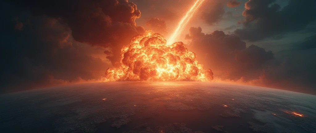 a huge explosion on the earth's surface from above, a comet streaking across the sky, massive explosion, apocalyptic, dark ominous clouds, dramatic lighting, cinematic composition, photorealistic, 8k, highly detailed, realistic, dramatic, intense, explosive, otherworldly, epic scale, awe-inspiring