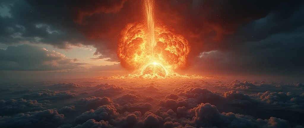a huge explosion on the earth's surface from above, a comet streaking across the sky, massive explosion, apocalyptic, dark ominous clouds, dramatic lighting, cinematic composition, photorealistic, 8k, highly detailed, realistic, dramatic, intense, explosive, otherworldly, epic scale, awe-inspiring