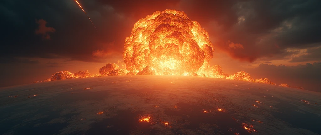 a huge explosion on the earth's surface from above, a comet streaking across the sky, massive explosion, apocalyptic, dark ominous clouds, dramatic lighting, cinematic composition, photorealistic, 8k, highly detailed, realistic, dramatic, intense, explosive, otherworldly, epic scale, awe-inspiring