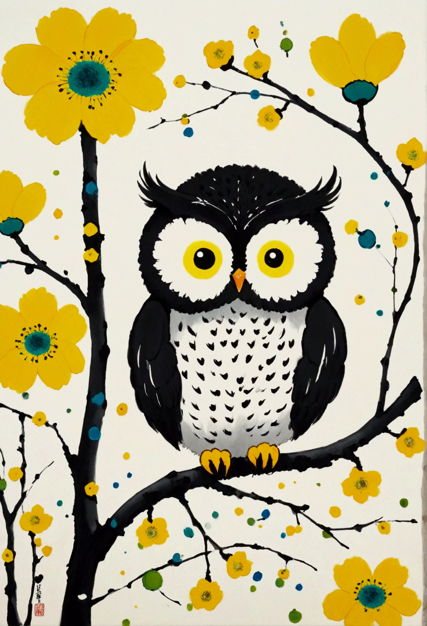 Ink Painting，Blooming，Dripping，。A cute little owl，fat，hairy，yellow flowers,  Inspired by Wu Guanzhong, Inspired by Qi Baishi, Inspired by Tarsila do Amaral, Inspired by Etel Adnan, by Walasse Ting, Inspired by Emil Nolde, 