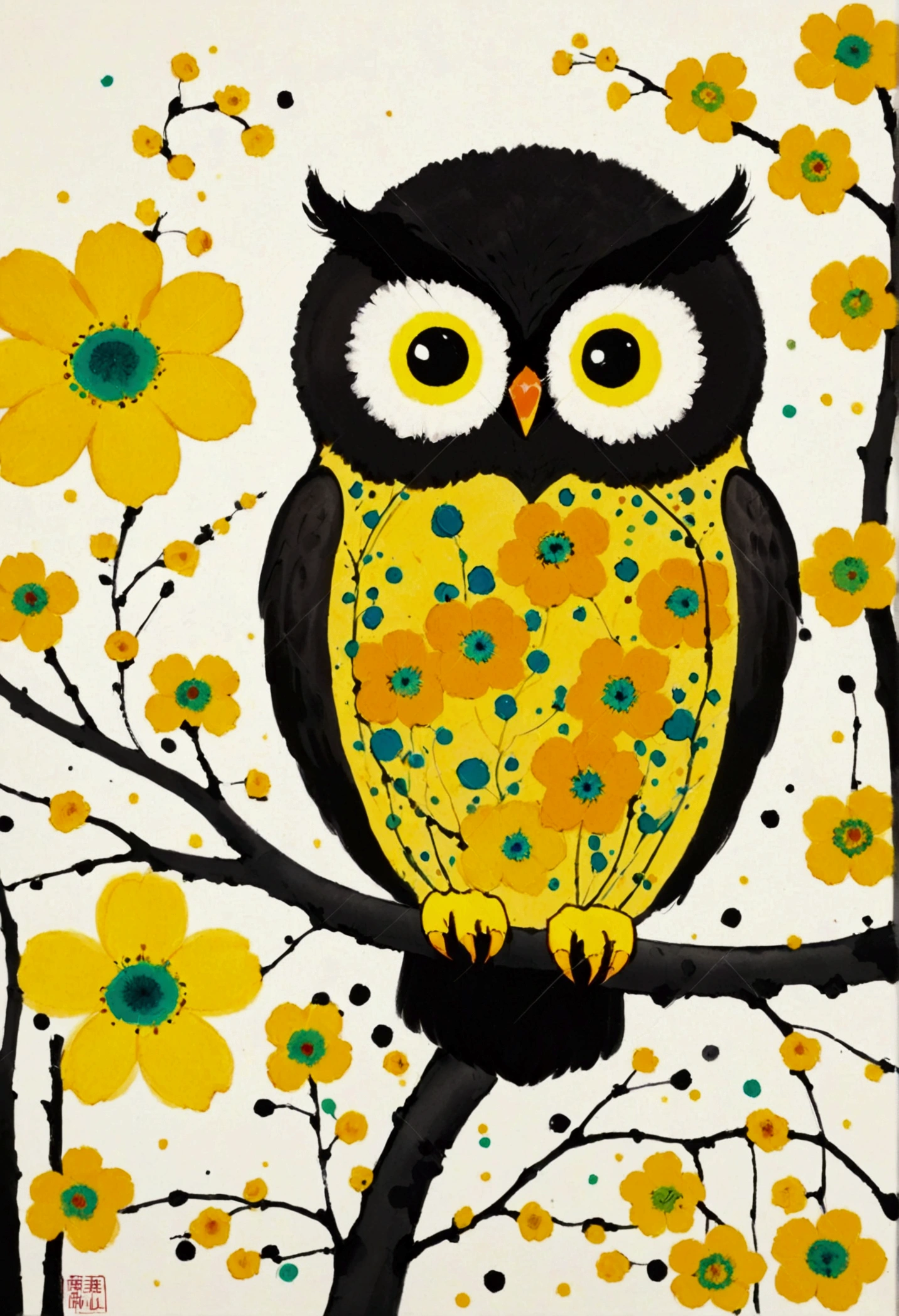 Ink Painting,Blooming,Dripping,。A cute little owl,fat,hairy,yellow flowers, Inspired by Wu Guanzhong, Inspired by Qi Baishi, Inspired by Tarsila do Amaral, Inspired by Etel Adnan, by Walasse Ting, Inspired by Emil Nolde,