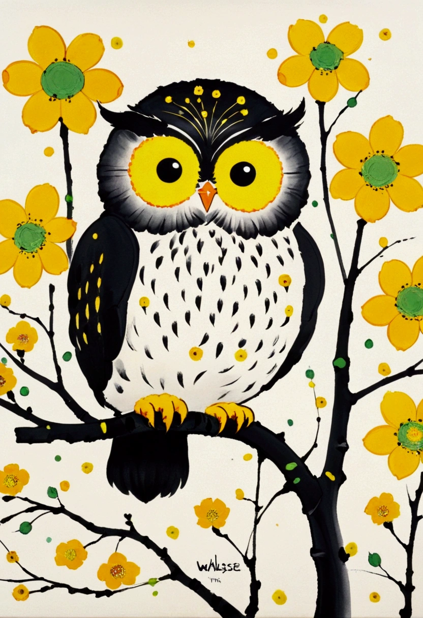 Ink Painting，Blooming，Dripping，。A cute little owl，fat，hairy，yellow flowers,  Inspired by Wu Guanzhong, Inspired by Qi Baishi, Inspired by Tarsila do Amaral, Inspired by Etel Adnan, by Walasse Ting, Inspired by Emil Nolde, 