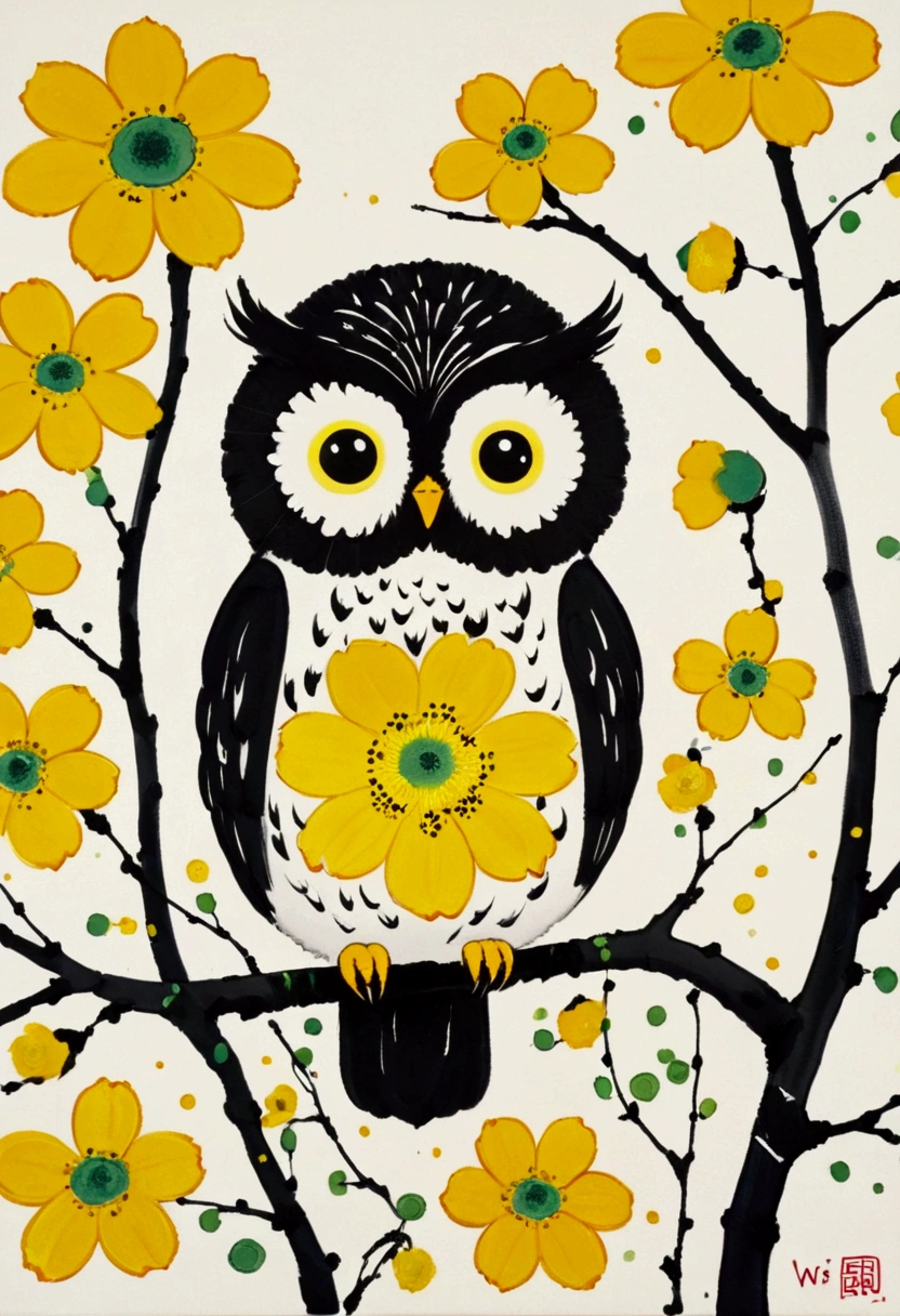 Ink Painting，Blooming，Dripping，。A cute little owl，fat，hairy，yellow flowers,  Inspired by Wu Guanzhong, Inspired by Qi Baishi, Inspired by Tarsila do Amaral, Inspired by Etel Adnan, by Walasse Ting, Inspired by Emil Nolde, 