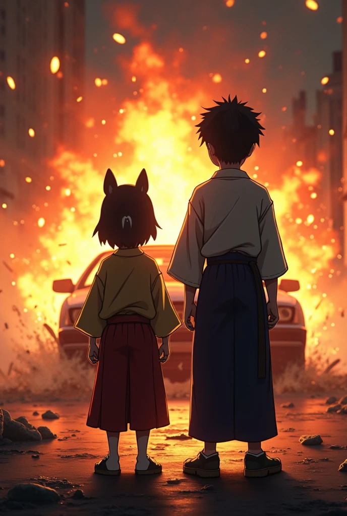 Tanjiro Kamado and Nezuko Kamado from behind while a car explodes exhibition