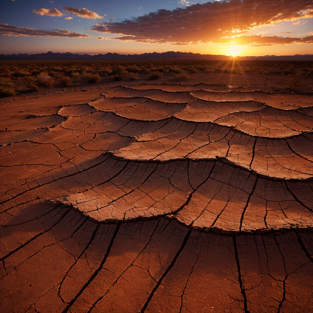 Dramatic sunset over cracked earth. Desert landscape background.