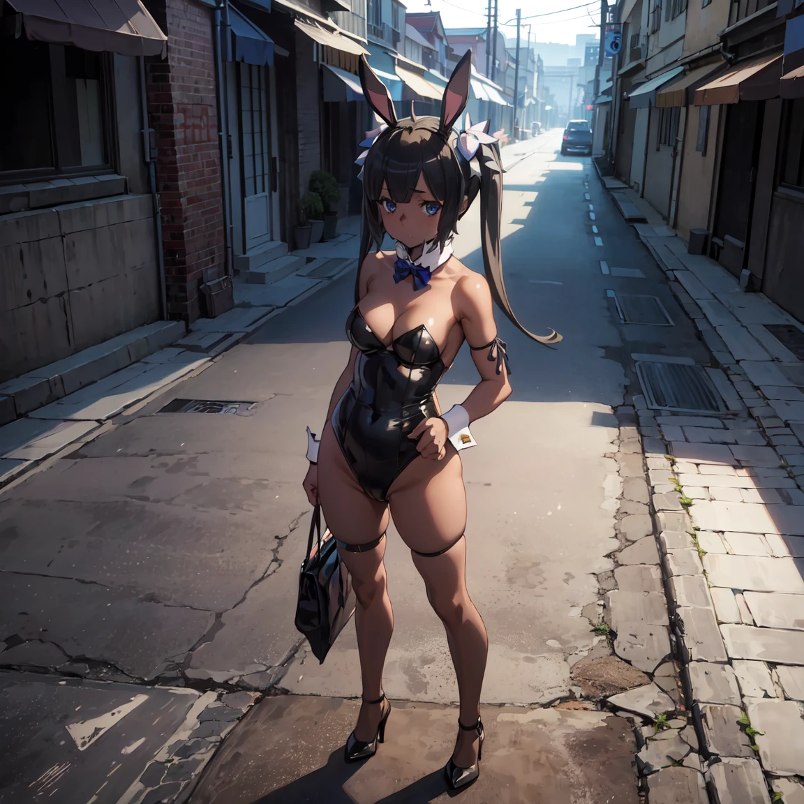 misakiao, 1girl, masterpiece, highly detailed, absurdres, illustration, game cg, solo, hair ribbon, looking at viewer, blush, city street, (bunny), bunny ears, strapless leotard, detached collar, pantyhose, high heels, standing, ((((dark skin))))