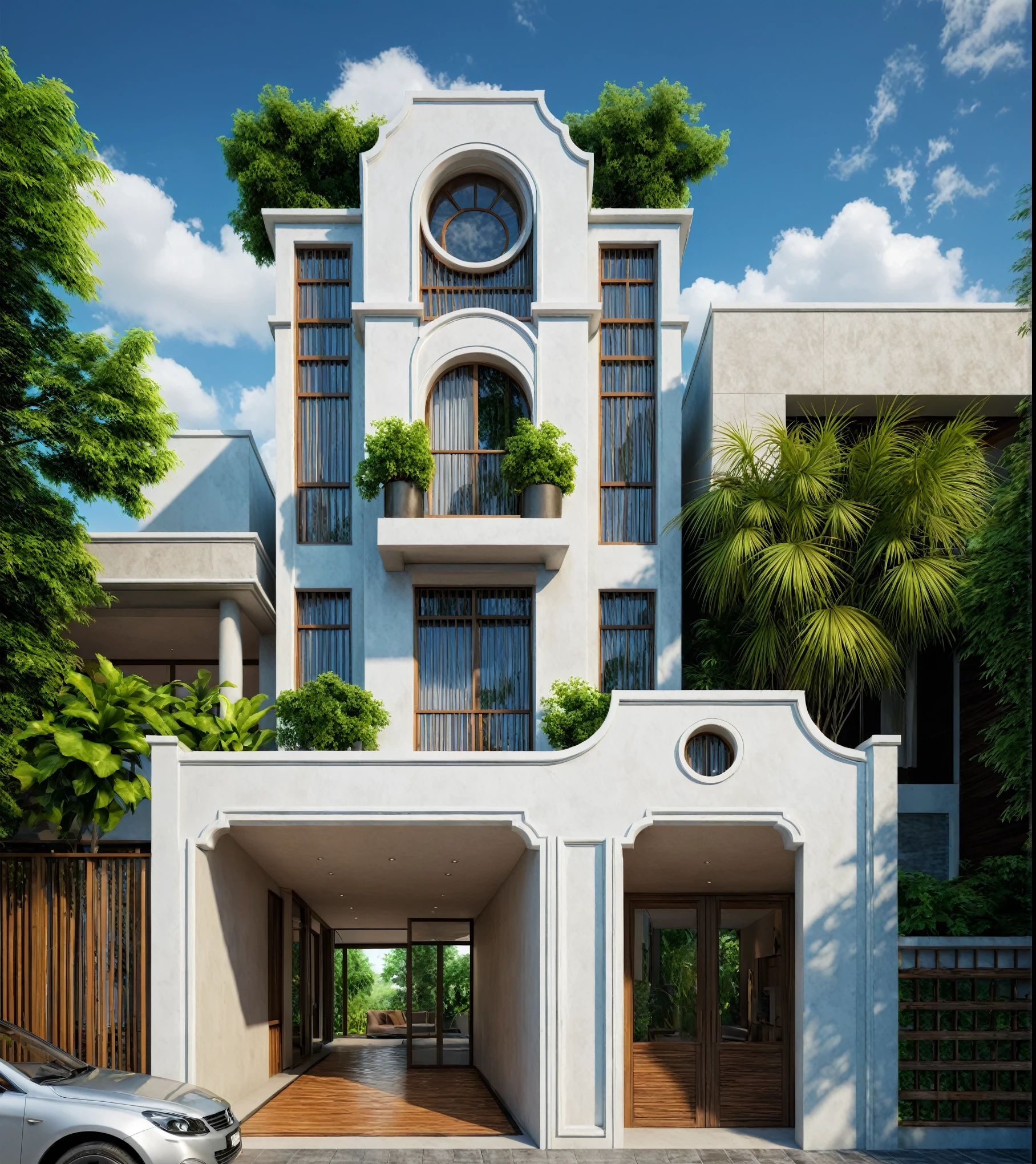 exterior of the indochinese villa, paysages de rue, ciel clair, some clouds, Warm interior lighting, Soleil du matin,minimalist landscaping, with lush vegetation, textured walls, and natural materials. The villa is located under a blue sky with scattered clouds, cast soft shadows, photorealistic rendering with high realism, (photo brute, head of'artwork, best quality,ultra-detailed, extremely delicate and beautiful, high resolution, best shadow:1.1)