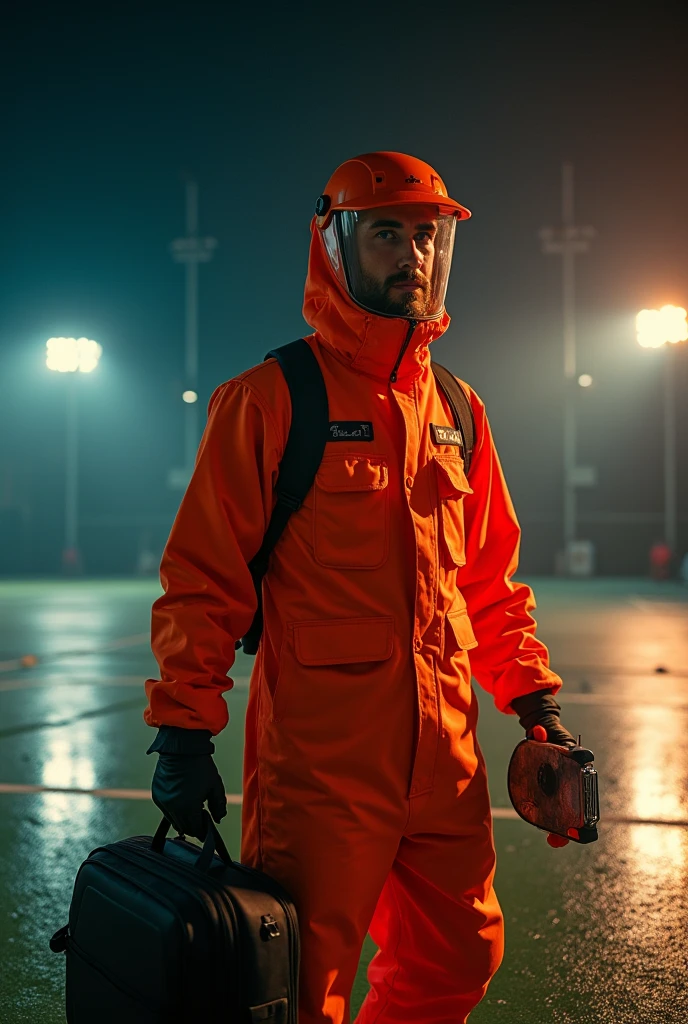 A photo of a man in the Futsal Court Field, he is wearing Fire Protection Suit ,on the head has shield helmet to cover his face, he hold a secret black bag case ,
he has full of heavy fire on body, night time, cinematic light colors, backlit, look at camera,Realistic photo