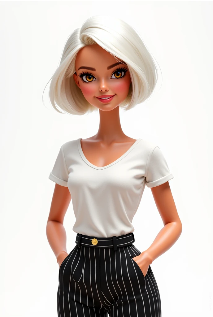 Cartoon Barbie with short white hair and brown eyes dressed in black and white striped pants and a white short-sleeved blouse