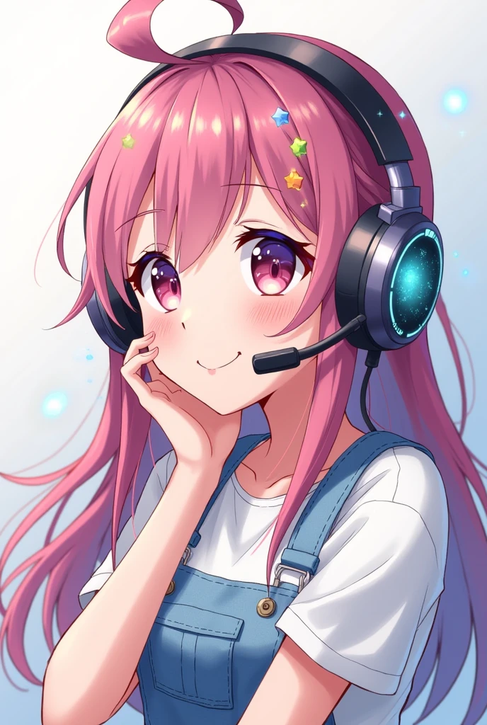Anime style Kasukabe Tsumugi wearing a gamer headset and smiling