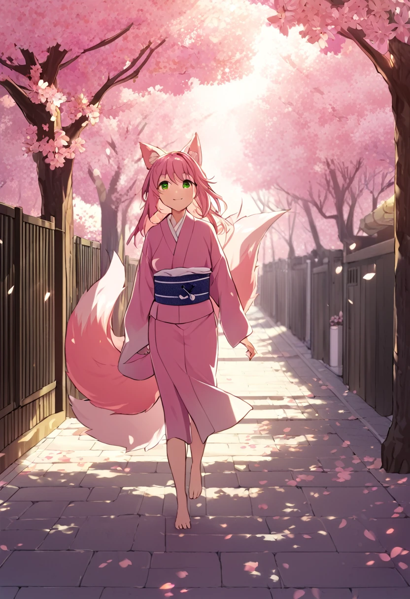 a Young girl, kitsune girl, long pink hair, green eyes, long kitsune ears, large and long pink tail, beautiful detailed eyes,  soft lighting, warm color palette, , cinematic composition, dramatic lighting, highly detailed, intricate details,  kimono dragon Style, very happy, Running down a street filled with flowers and Sakura trees,  