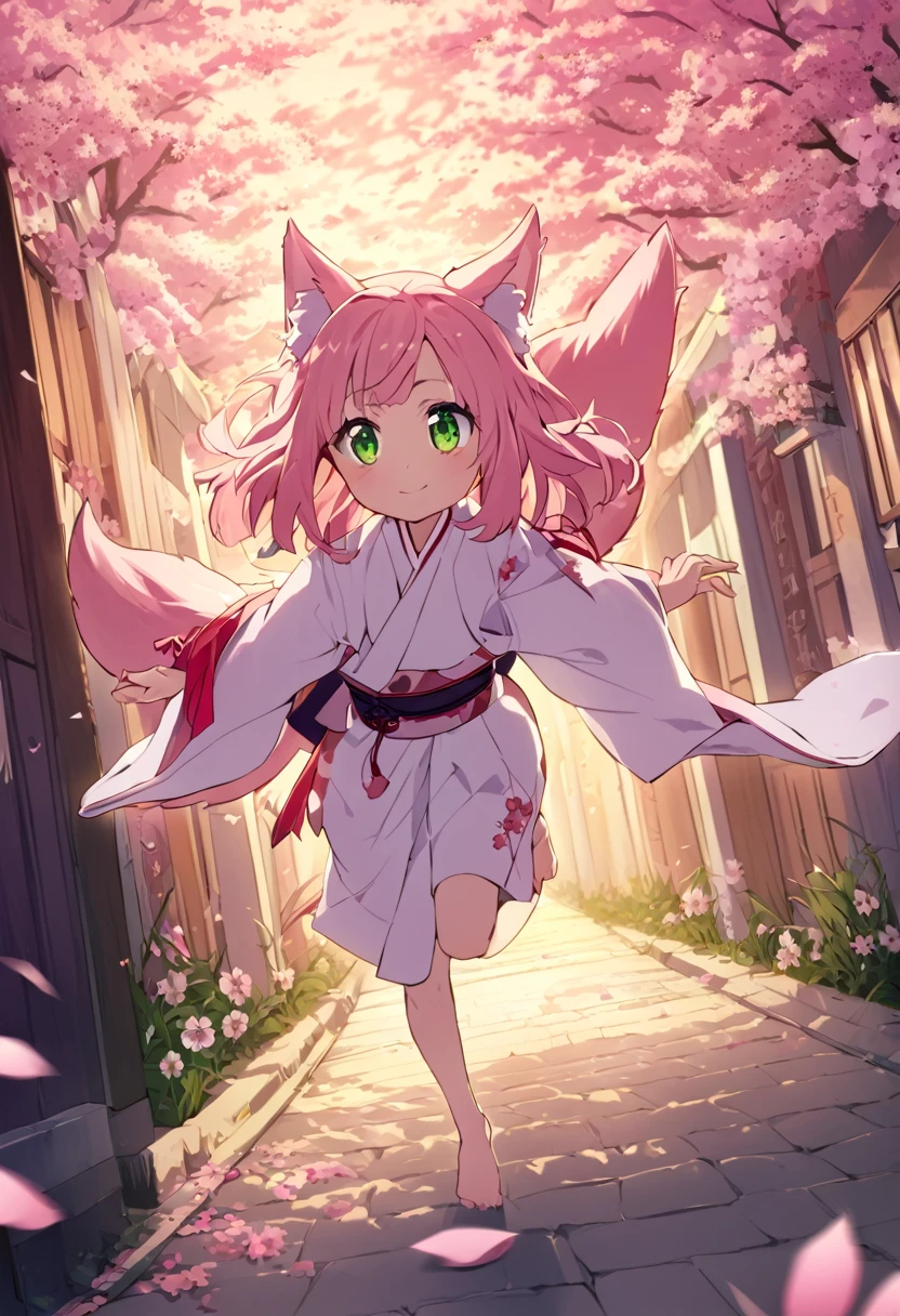 a Young girl, kitsune girl, long pink hair, green eyes, long kitsune ears, large and long pink tail, beautiful detailed eyes, soft lighting, warm color palette, , cinematic composition, dramatic lighting, highly detailed, intricate details, kimono dragon Style, very happy, Running down a street filled with flowers and Sakura trees,