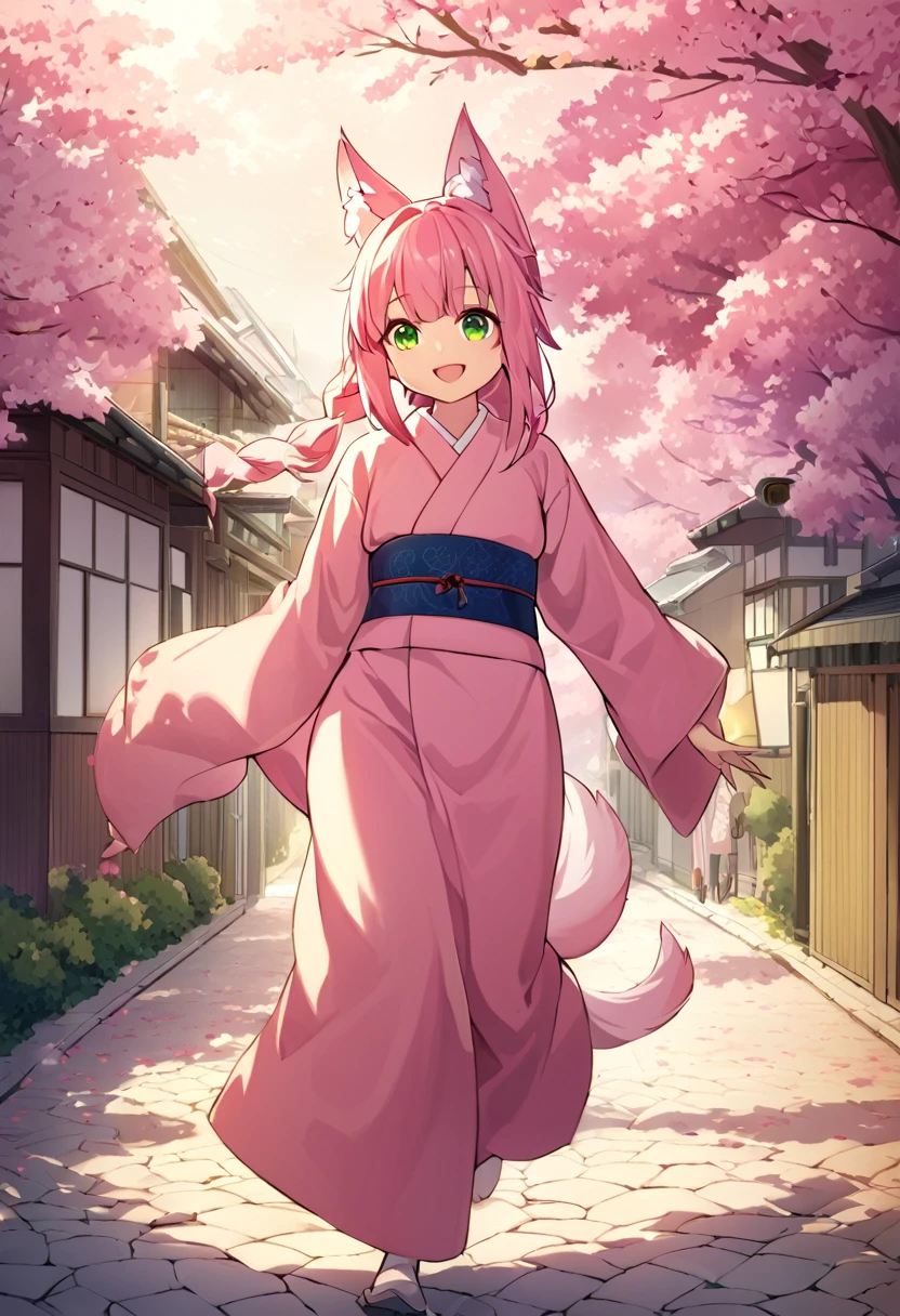 a Young girl, kitsune girl, long pink hair, green eyes, long kitsune ears, large and long pink tail, beautiful detailed eyes, soft lighting, warm color palette, , cinematic composition, dramatic lighting, highly detailed, intricate details, kimono dragon Style, very happy, Running down a street filled with flowers and Sakura trees,