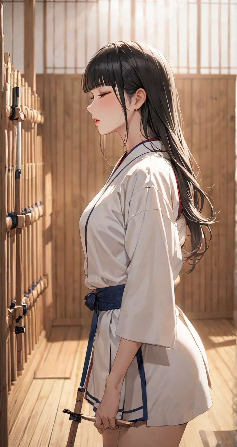 ((profile, standing Kyudo style)), (left hand holding a japanese long bow:1.2), (Push forward left hand holding on japanese long bow), (solo:2, 15 yo) (detailed beautifu blunt bangs:1.3) (beautiful sexy black hair very long hair) (beautiful shrine maiden girl) (detailed sexy closed eyes) (serious face, glossy lip) (medium tits), break, in a white Kyudo uniform, break, in the japanese Archery range, BREAK, perfect anatomy, masterpiece, best quality, 16k, beautiful detailed grow, daydreaming expression.