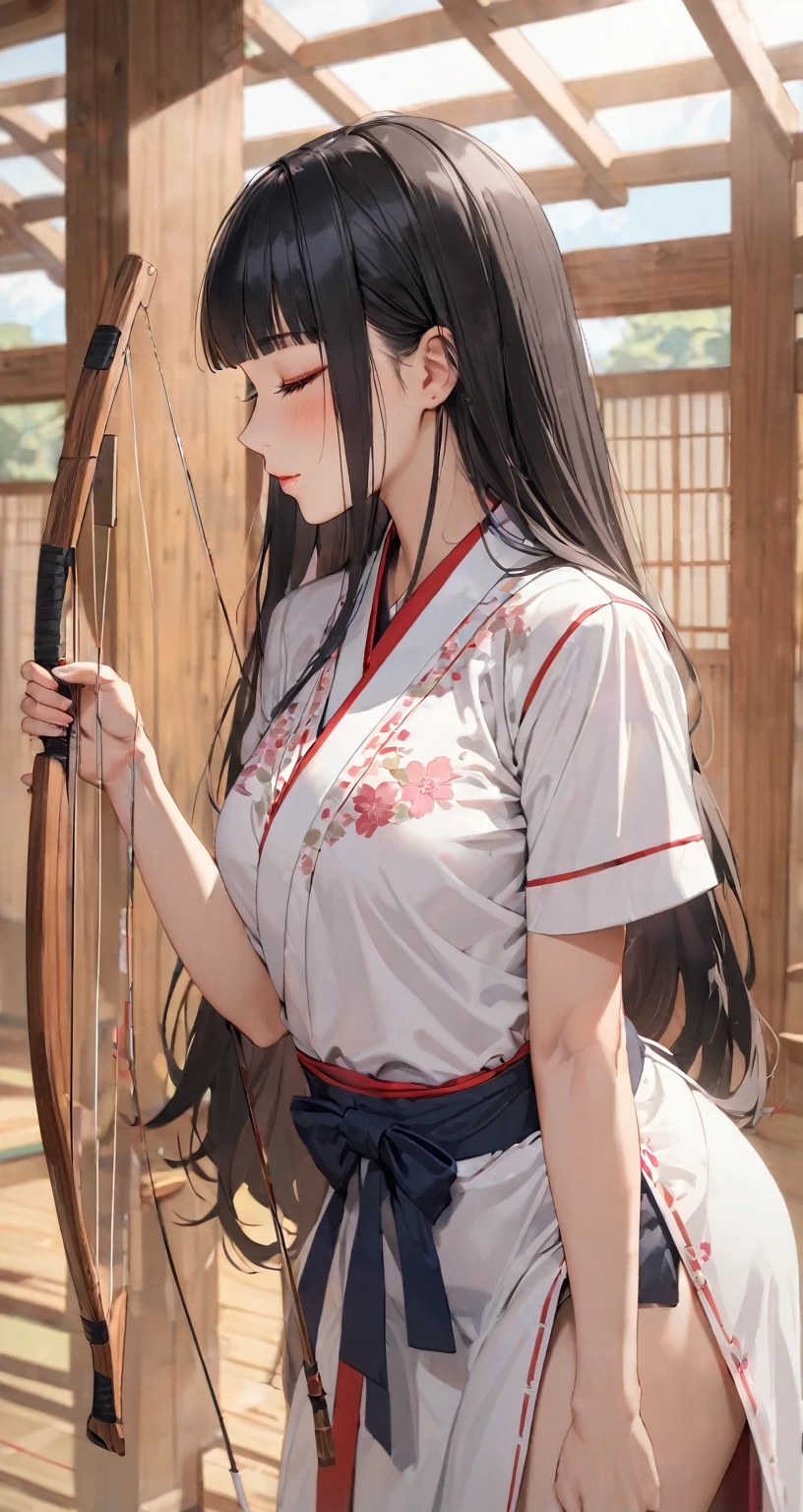 ((profile, standing Kyudo style)), (left hand holding a japanese long bow:1.2), (Push forward left hand holding on japanese long bow), (solo:2, 15 yo) (detailed beautifu blunt bangs:1.3) (beautiful sexy black hair very long hair) (beautiful shrine maiden girl) (detailed sexy closed eyes) (serious face, glossy lip) (medium tits), break, in a white Kyudo uniform, break, in the japanese Archery range, BREAK, perfect anatomy, masterpiece, best quality, 16k, beautiful detailed grow, daydreaming expression.