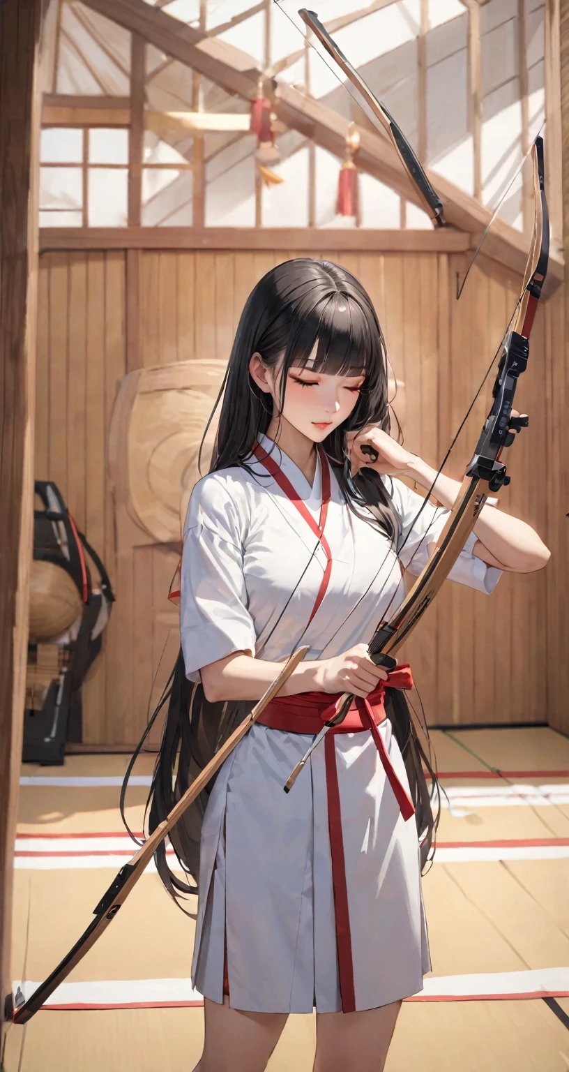 ((profile, standing Kyudo style)), (left hand holding a japanese long bow:1.2), (Push forward left hand holding on japanese long bow), (solo:2, 15 yo) (detailed beautifu blunt bangs:1.3) (beautiful sexy black hair very long hair) (beautiful shrine maiden girl) (detailed sexy closed eyes) (serious face, glossy lip) (medium tits), break, in a white Kyudo uniform, break, in the japanese Archery range, BREAK, perfect anatomy, masterpiece, best quality, 16k, beautiful detailed grow, daydreaming expression.