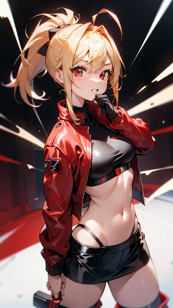 One Girl、solo、Shiny blonde hair、ponytail、Red eyes full of joy、Ahoge、Wearing a red leather jacket、Inside the jacket is wearing a black sports bikini、Black mini skirt、Black boots、Cowboy Shot