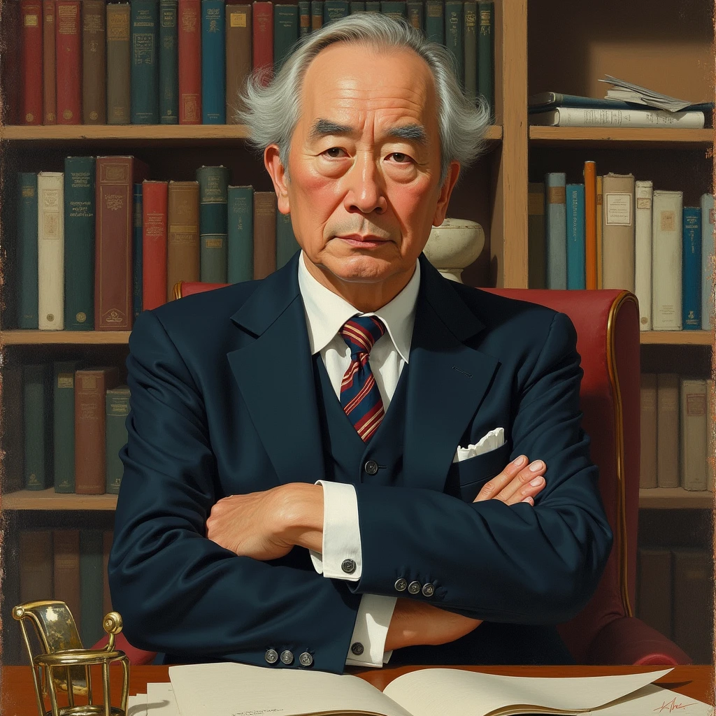 An oil painting style illustration by Ryunosuke Akutagawa with his arms crossed in his study