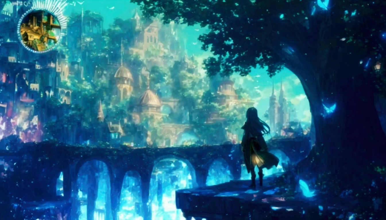 Standing on the shelf、Anime girl looking at a fantasy city with a castle in the background, Beautiful anime scene, A female adventurer with her back turned looking at the bridge leading to a fantastical town, Anime Background art, Beautiful fantasy anime, Anime fantasy artwork, Beautiful anime scenery, Beautiful peaceful scene in anime, anime art wallpaper 4k, anime art wallpaper 4k, Anime fantasy illustration, Anime Background, 4k anime wallpaper