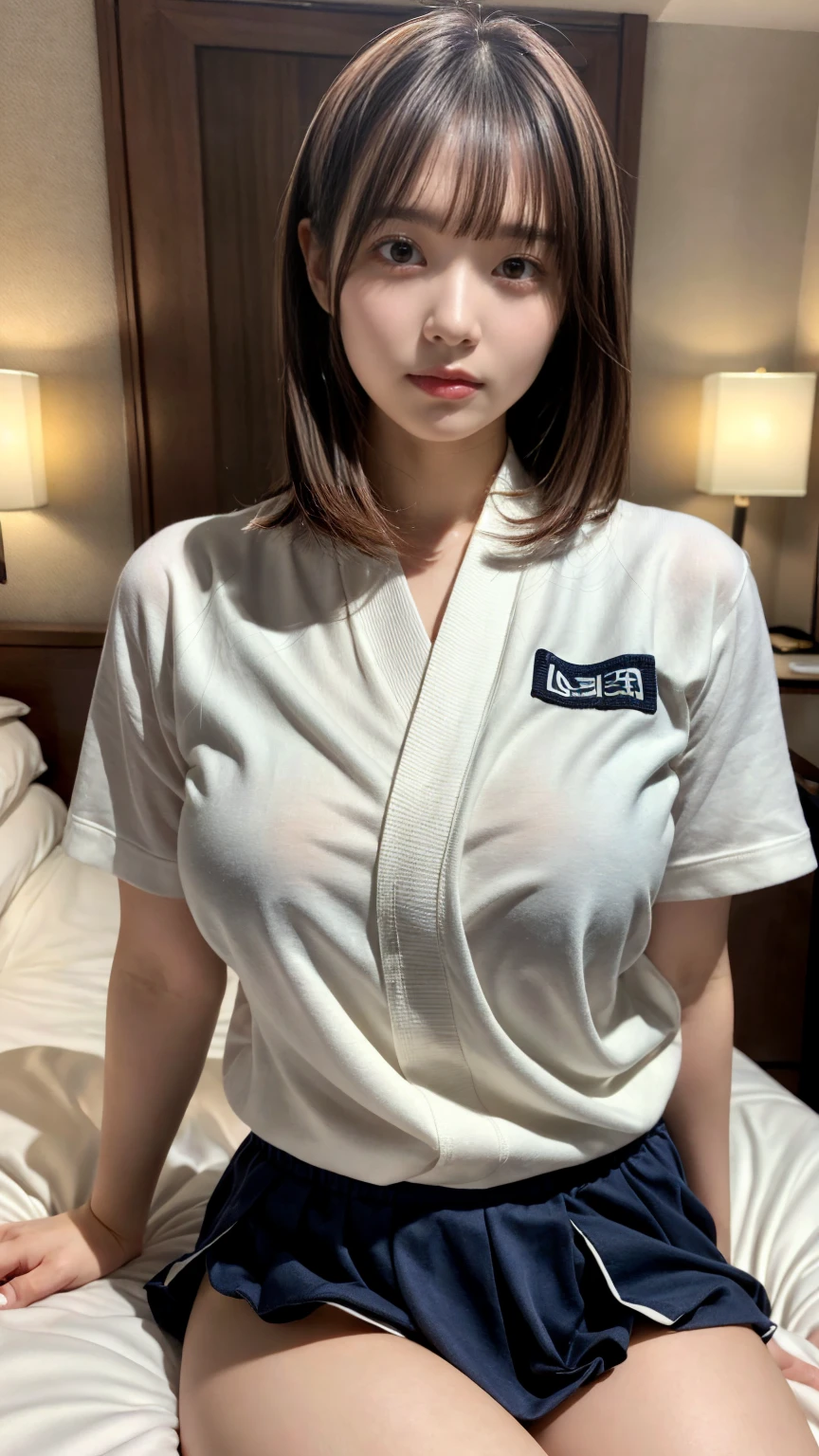masterpiece, best quality, illustration, Super detailed, fine details, High resolution, 8K,wall paper, perfect dynamic composition,(Details High quality, realistic depiction of eyes:1.3), oversized judo uniform white, sitting, open legs, short bob hair, in a hotel room in the background, large breasts, black hair color, Big Natural Color Lip, (perfect body shape), crying a little、Harajuku style、20 year old girl、cute type、beautiful legs, Gravure Idol