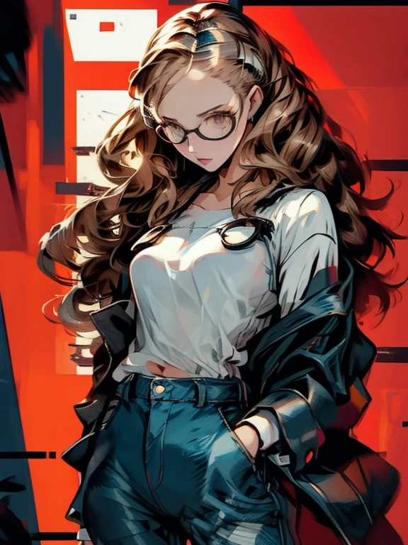 ((chibi)), big head, focus face, in the art style of persona5, (masterpiece:1.2, highest quality), (Realistic, photoRealistic:1.4), Beautiful illustrations, (Natural Side Lighting, Cinema Lighting), Written boundary depth, Beautiful thighs staring at the viewer, 1 female, 20-year-old, alone, thin, slender, (small breasts), long Hair, curly Hair, Forehead, Forehead, Forehead, Forehead, thin, slender, glasses, ((white shirt, Distressed denim pants, low rise baggy pants)), Are standing, (((glasses)))