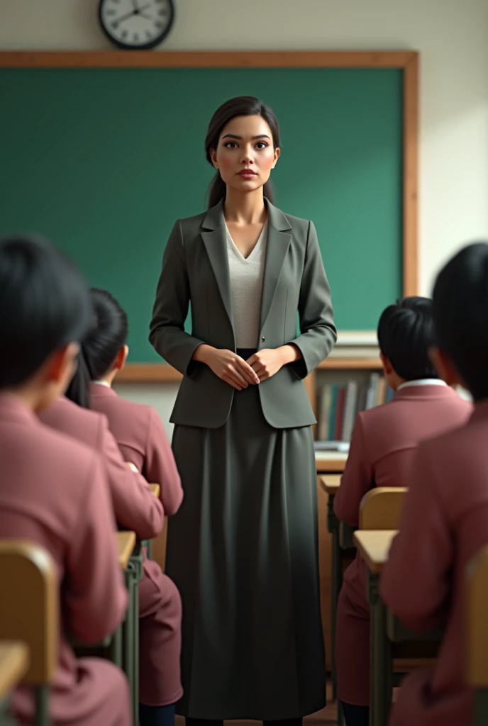 Only Female teacher with realistic face giving lecture in class in front of students of class about  students in Bangladeshi attire 