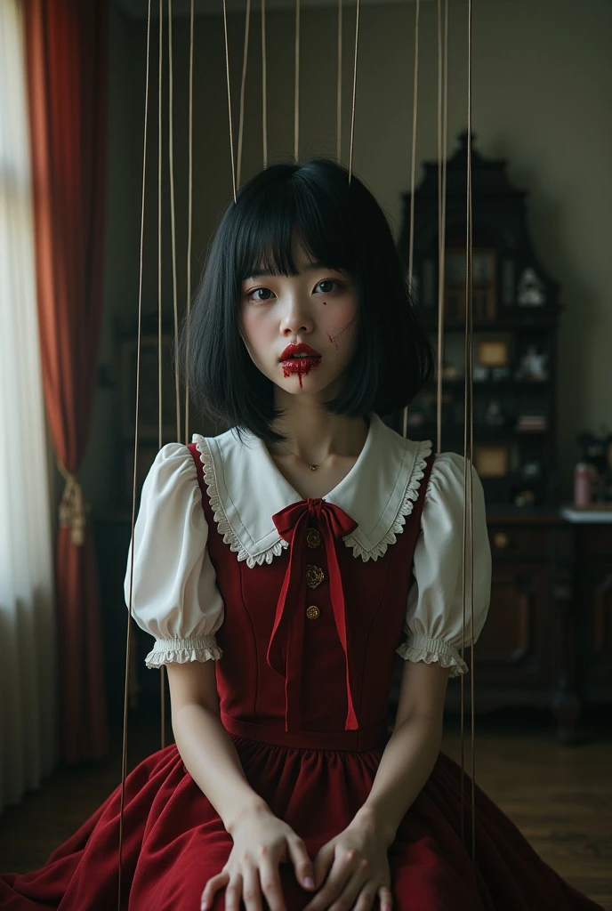(photorealism:1.2), (book cover, mystery/thriller) beautiful teenage girl, half body image, (her hanging body with lots of strings like a puppet), wearing a decent dark red and white thick gothic Japanese lolita dress with puffed sleeves, not revealing, her short jet black hair, soft face features, indoors, dark lighting, a black dollhouse in background, hanging with strings pose, prim and proper body pose, realistic, intricate details, warm colors, her lips is stitched and torn and bleeding, asian girl, creepy