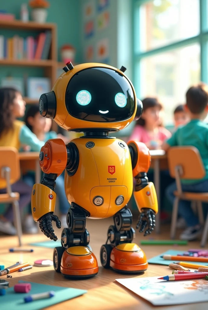 A cute robot that organizes and distributes art supplies for students in a classroom with all the basic robotic parts and art supplies