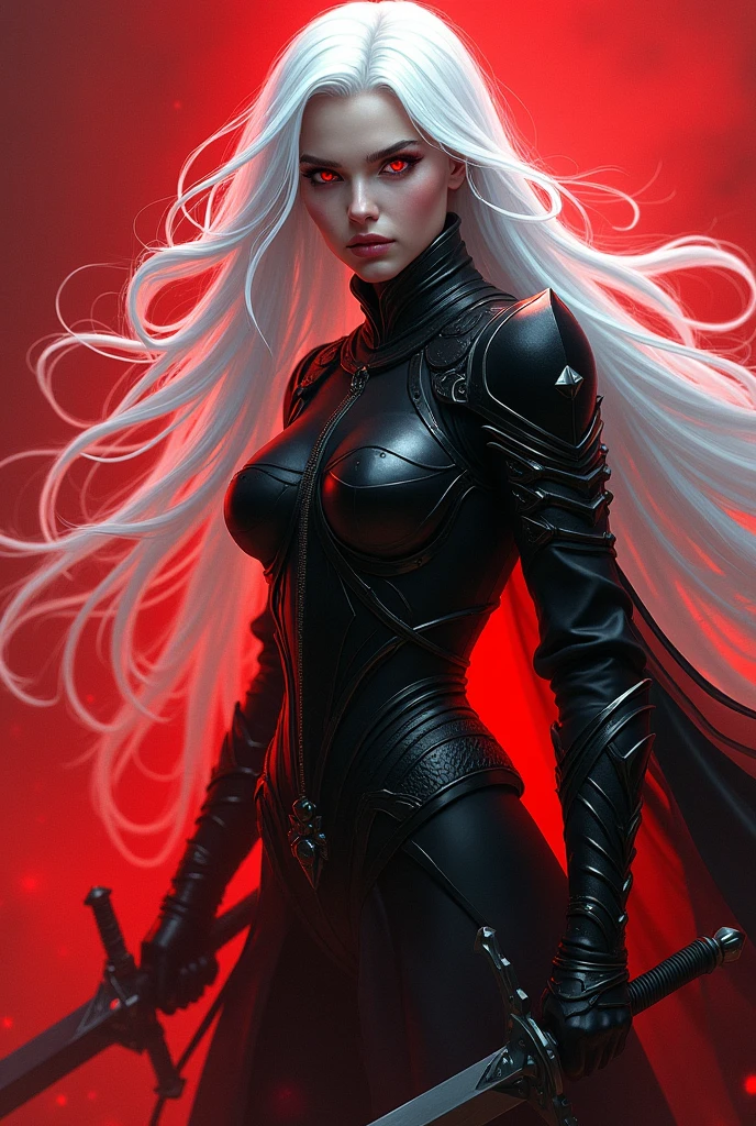 White hair, woman, black warrior armor, armored, red eyes, fluid illustration style, graceful movement, ethereal femininity, battle position, full body, threatening, apocalyptic background.