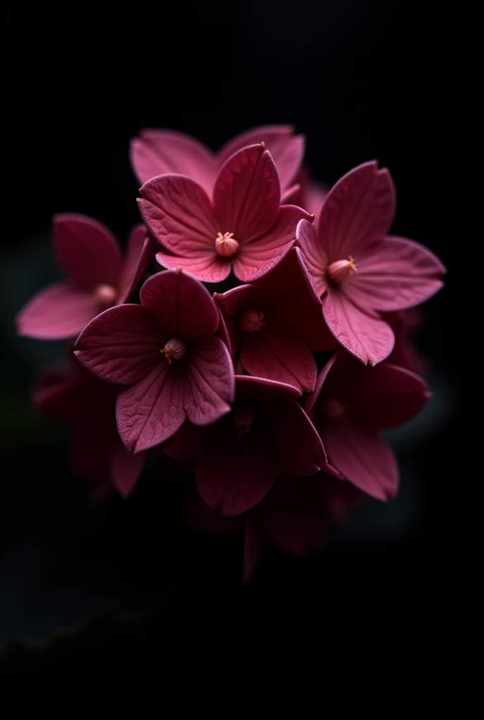 a wine-colored hydrangea flower without green leaves and with a black background, just a flower with 5 petals
