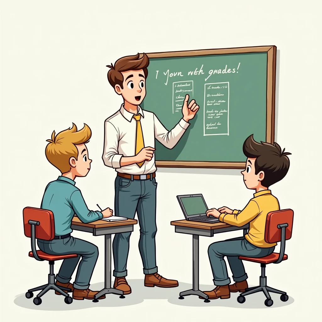 Create a drawing of a teacher giving grades to his students. Make the teacher a man (tailless) and give grades to your male students.