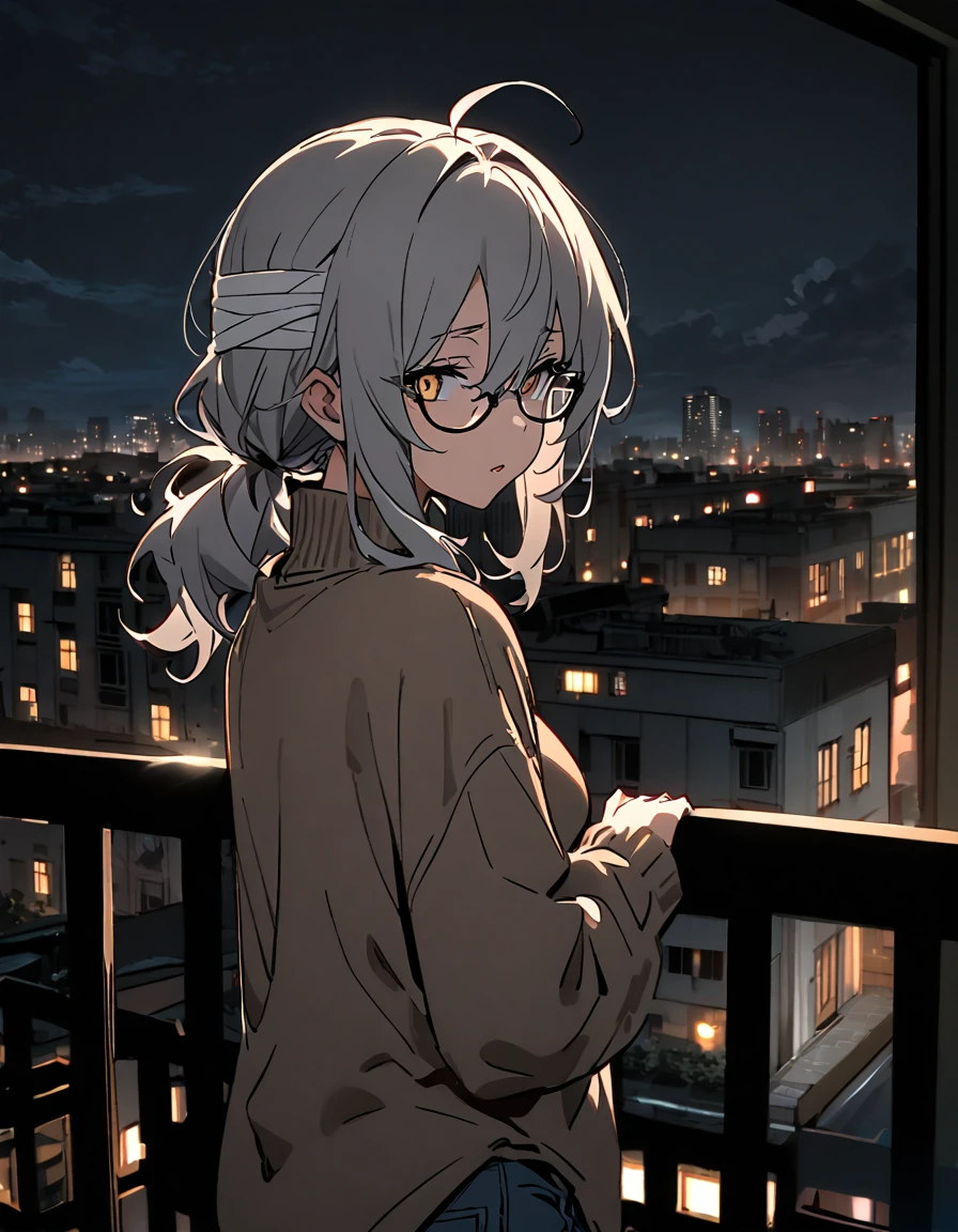 mature, golden eyes, looking at viewer, female, apartment background, messy hair, grey shoulder-length hair, ponytail, parted lips, hair between eyes, ahoge, emotionless, tired eyes, standing, from behind, jeans, turtleneck shirt, comfy clothes, glasses, night, cloudy, leaning on railing, bandage around head and eye