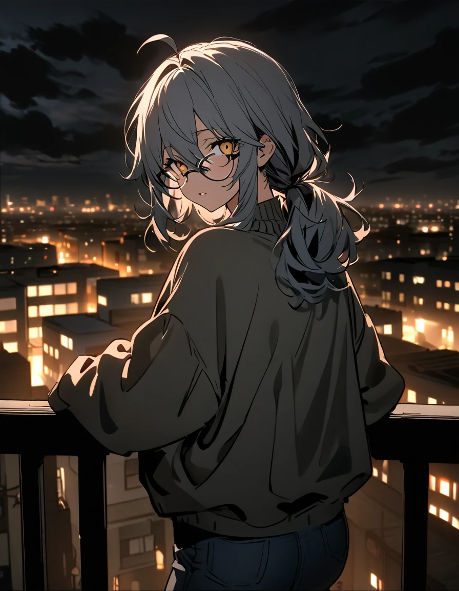 mature, golden eyes, looking at viewer, female, apartment background, messy hair, grey shoulder-length hair, ponytail, parted lips, hair between eyes, ahoge, emotionless, tired eyes, standing, from behind, jeans, turtleneck shirt, comfy clothes, glasses, night, cloudy, leaning on railing, bandage around head and eye