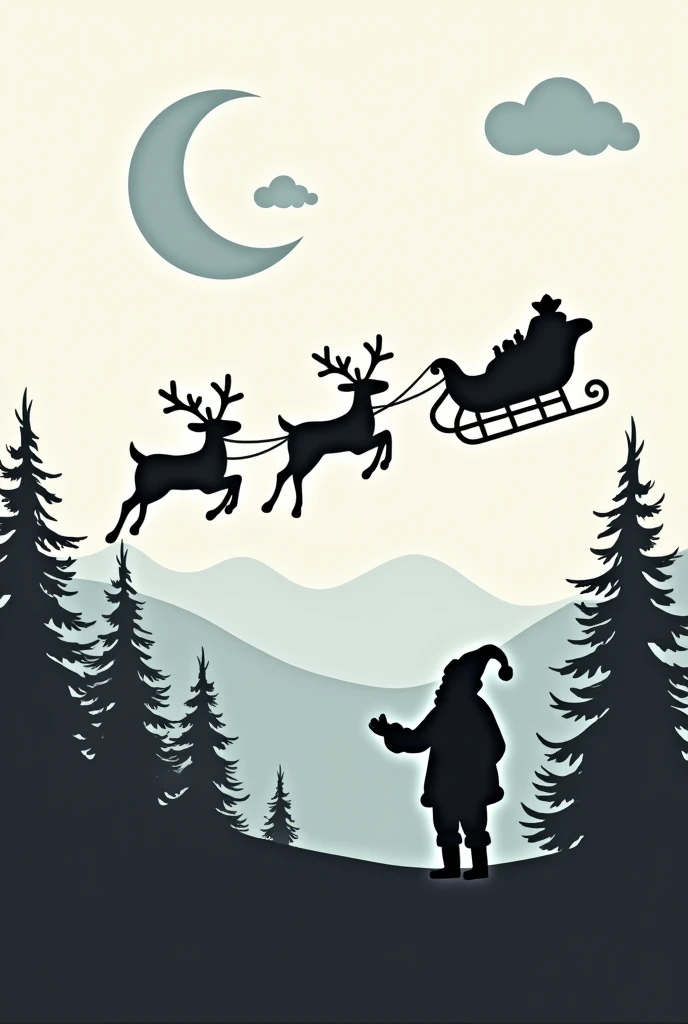 Create only the outline of the black figure of a Santa Claus with sleigh and reindeer, some trees and pines and clouds and moon. Does not fill the image color leaves everything blank, except for the outline.