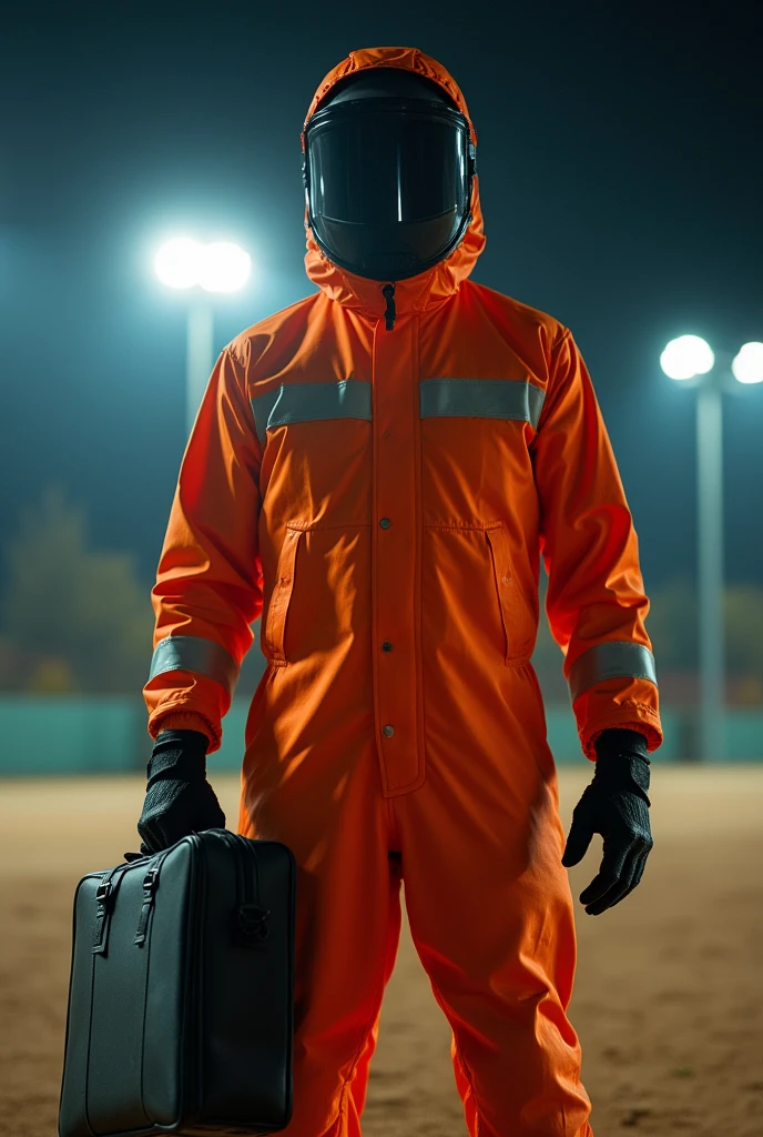 A photo of a man in the Futsal Court Field, he is wearing Fire Protection Suit ,on the head has shield helmet to cover his face, he hold a secret black bag case ,
he has full of heavy fire on body, night time, cinematic light colors, backlit, look at camera,Realistic photo