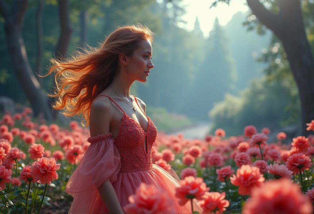 There is a woman in a pink dress walking through a field of flowers ...