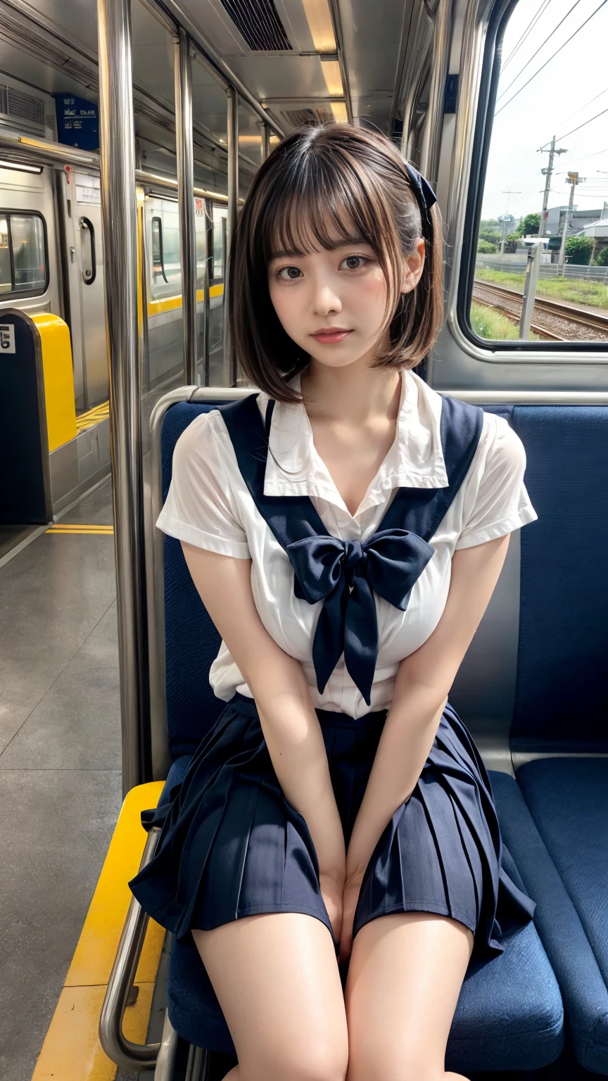 masterpiece, best quality, illustration, Super detailed, fine details, High resolution, 8K,wall paper, perfect dynamic composition,(Details High quality, realistic depiction of eyes:1.3), Black Sailor Uniform, serafuku, Navy pleated skirt, sitting, open legs, short bob hair, Sitting on a train in Tokyo, deep on field, large breasts, black hair color, Big Natural Color Lip, (perfect body shape), crying a little、Harajuku style、20 year old girl、cute type、beautiful legs, Gravure Idol