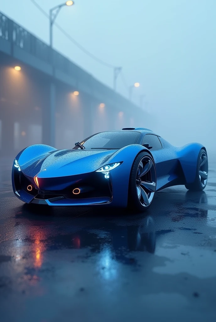 a detailed modern blue sports car with 3 wheels, futuristic design, sleek aerodynamic body, intricate technical details, glowing lights, floating above the ground, cinematic lighting, cinematic angle, volumetric fog, photorealistic, 8k, high resolution, hyper detailed, seamless, trending on artstation