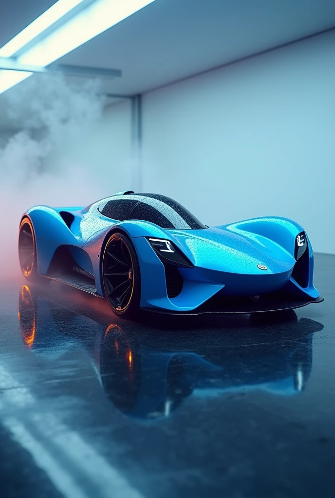 a detailed modern blue sports car with 3 wheels, futuristic design, sleek aerodynamic body, intricate technical details, glowing lights, floating above the ground, cinematic lighting, cinematic angle, volumetric fog, photorealistic, 8k, high resolution, hyper detailed, seamless, trending on artstation