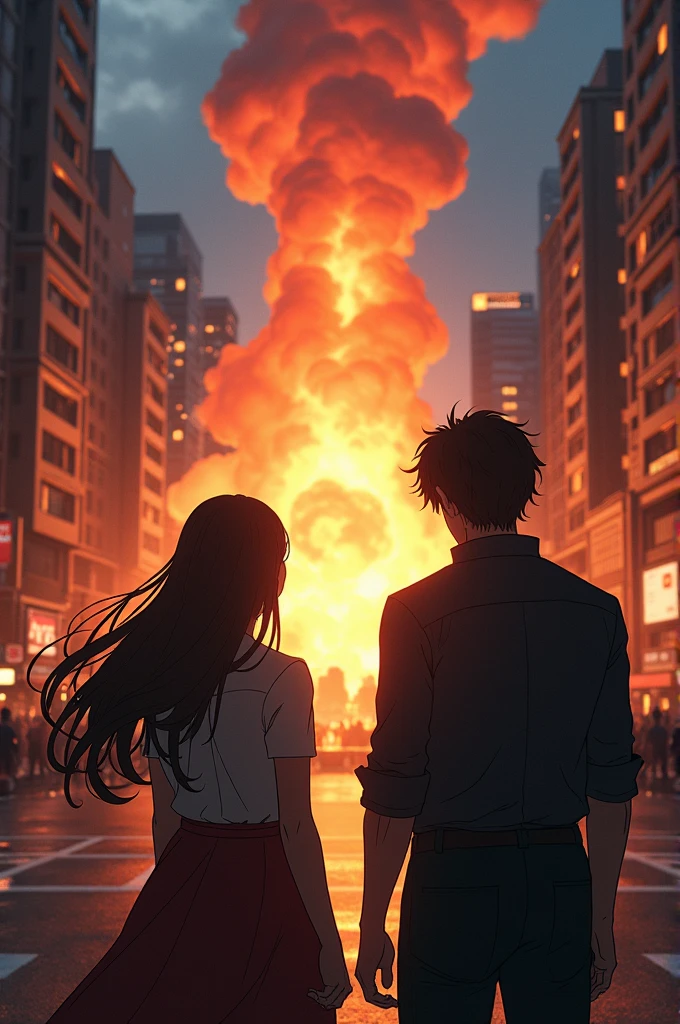 Tanjiro Kamado and Nezuko Kamado from behind while a car explodes exhibition