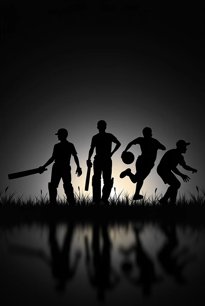 Create a wallpaper in black theme, containing cricket, football, basketball, swimming and chess