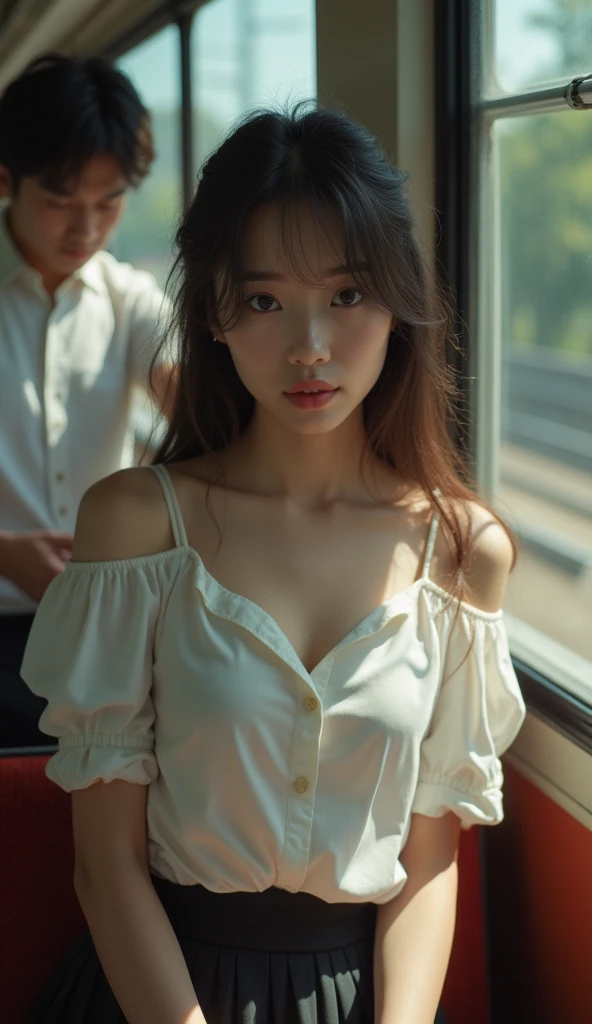 (Browsing Caution)、Highest quality、Ultra-high resolution、Small breasts、Perfect Face、Beautiful expression、Beautiful Face、Beautiful Eyes、18 year old high school girl、No bra、Button-down shirt、Off the shoulder、Mini Pleated Skirt、Inside a crowded train with sunlight streaming in、In a crowded train、(There are many men on the train.、A man molested a high school girl on a train)、((((A middle-aged man standing behind a woman、The man reaches out and touches the woman's breasts.、Button-down shirt))))、(put in) 、(Ejaculation into the body、Massive ejaculation)、Expressions of fear、Blushing、Touched by various hands、Touched by many hands、The viewer extends his right hand、The man has a vulgar look、Dick、The people in the background all have ripped clothes.、Man hugging、