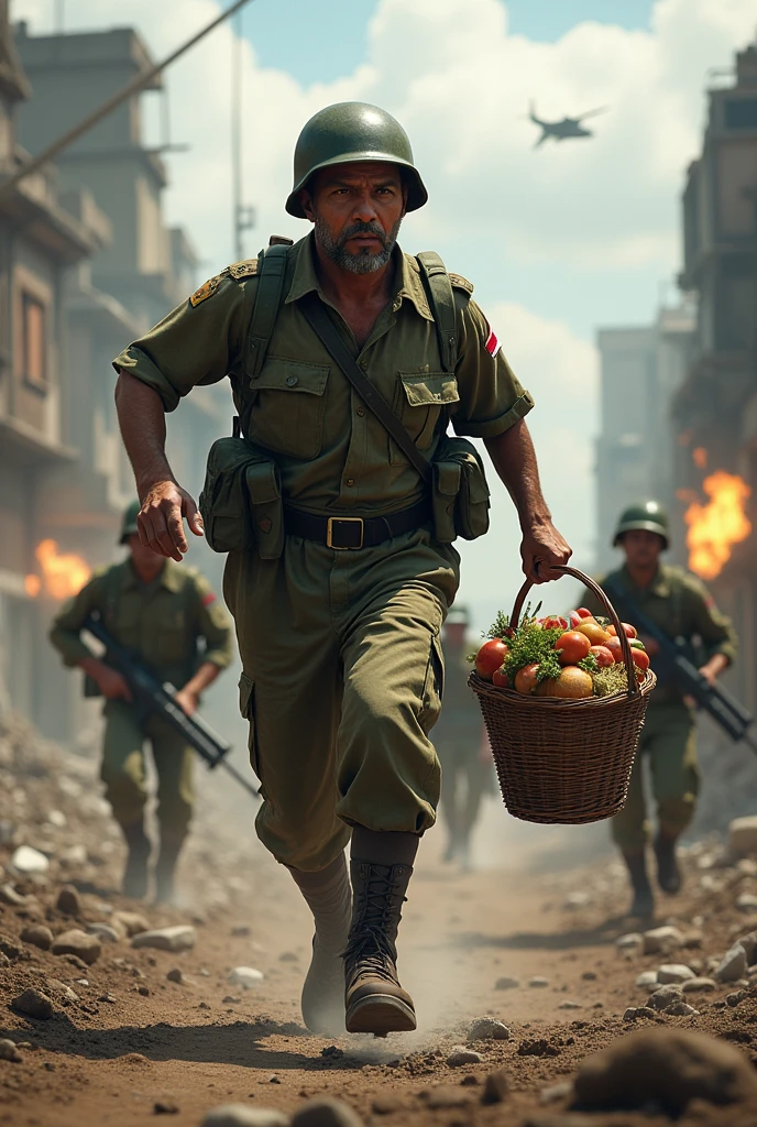 Indonesian people aged 40 years. His body is tall and straight, his skin is brown. wear an old military uniform, wear army pants the same color as the uniform. wear army boots and wear a bulletproof helmet. there is a red and white flag emblem on his arm. running and his hands carrying a 3-tier food basket. tense atmosphere. the soldiers shot, tanks and planes. rubble from destroyed buildings and fragments of walls.