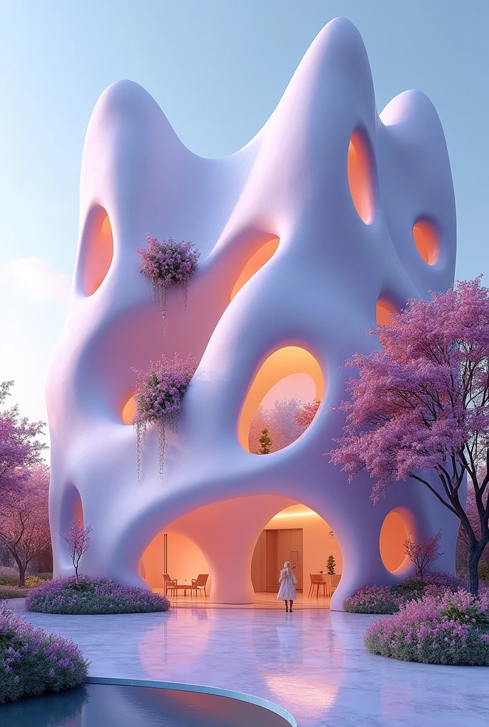 A pearls like building with future architecture generation in lavender colour with flowers on it , and pearls should be in shell