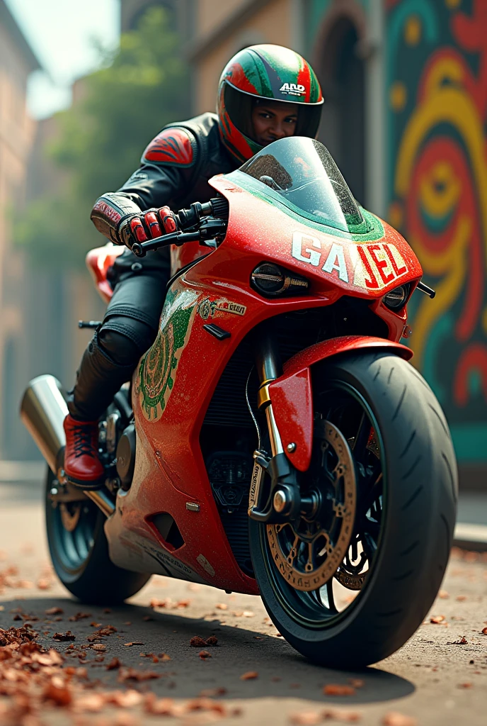 On a motorcycle animated with the colors of the Mexican flag having the word GAEL