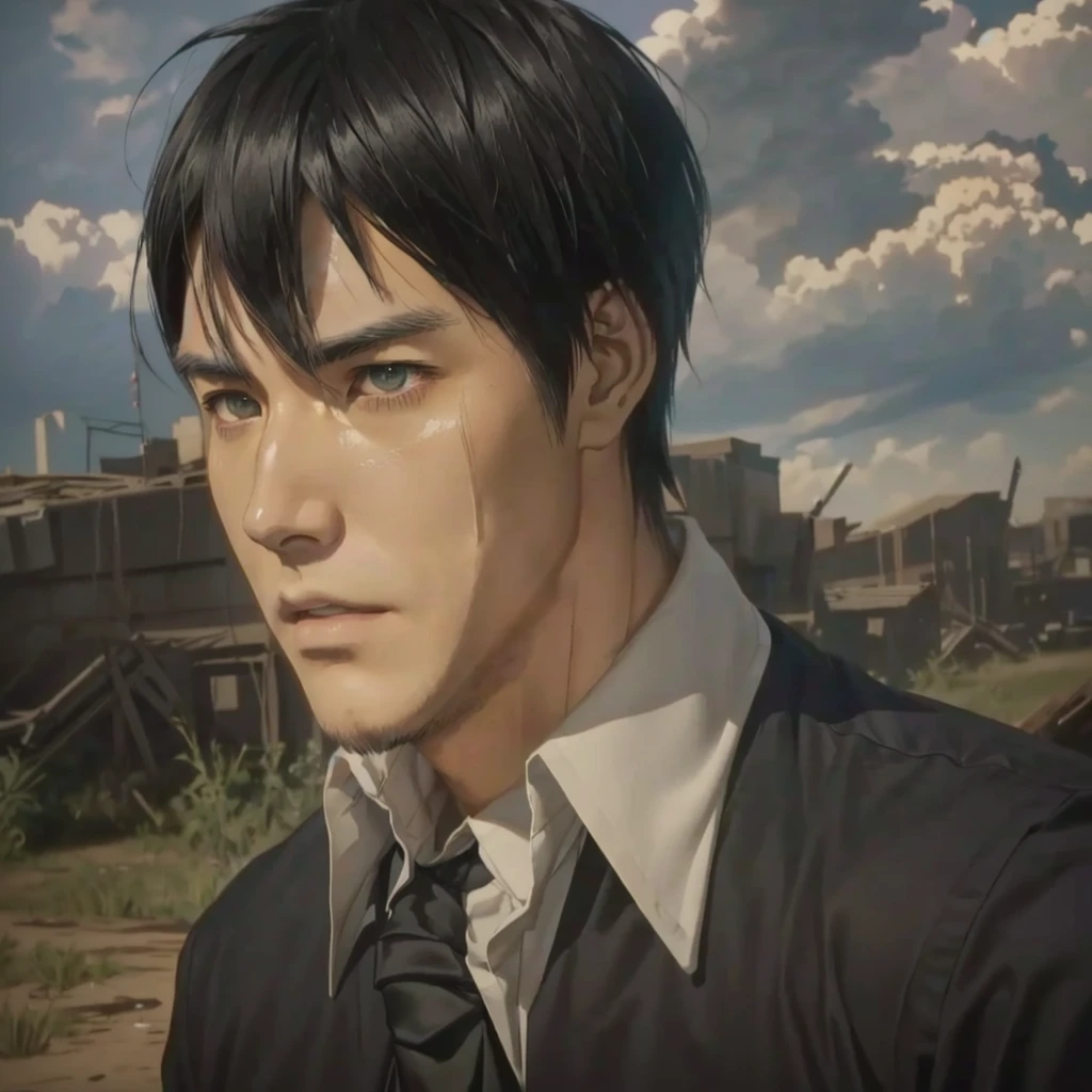Close-up of a man in a black shirt and tie, Ellen Yeagerの肖像画, Attack on Titanより, Attack on Titan, Screenshots from the 2012 anime, In anime movies, (Attack on Titanアニメ), Hajime Isayama's style, From the TV anime, Today's featured anime is still, Ellen Yeager